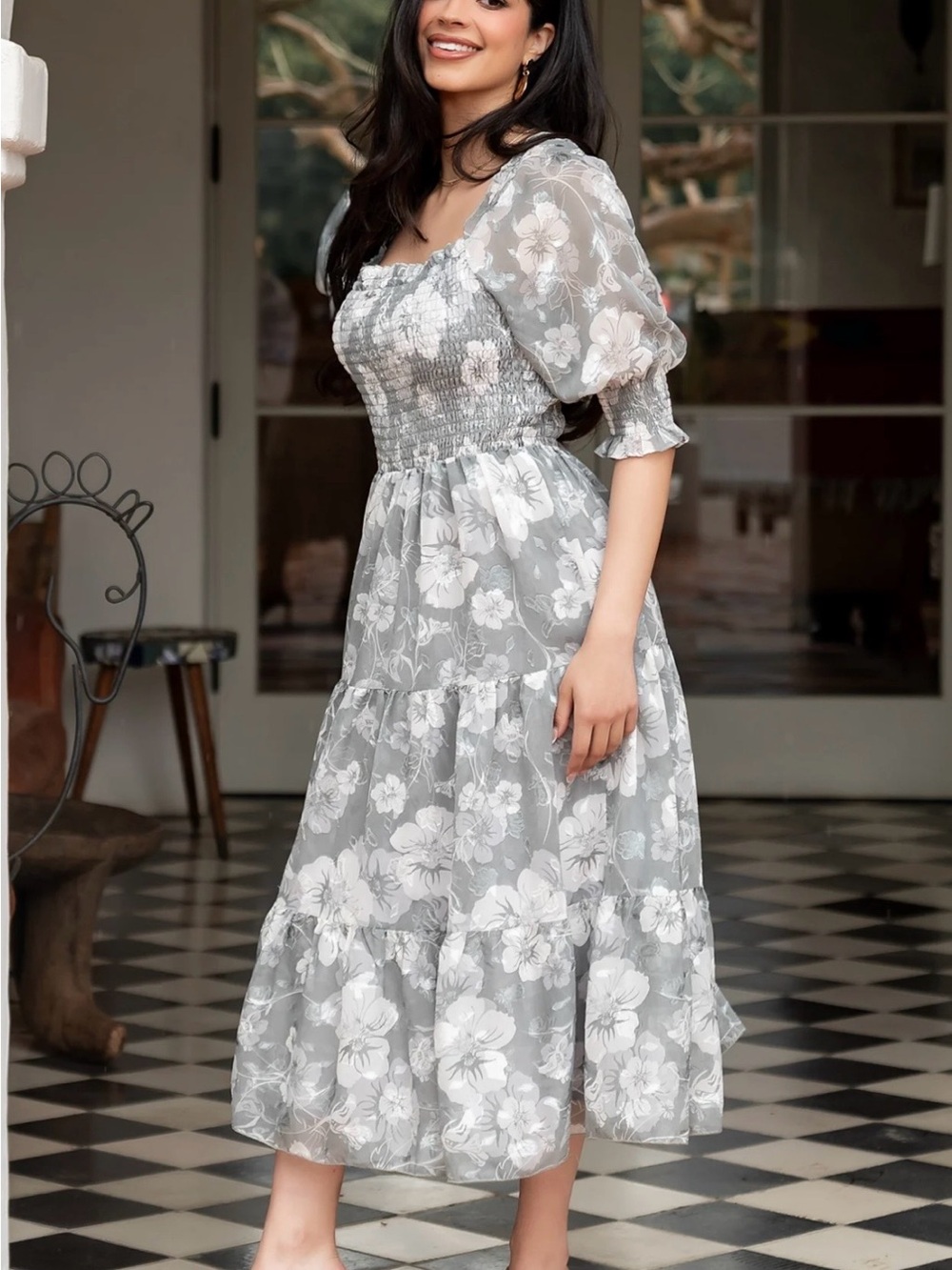 Baltic Born Gray Floral Smocked Midi Dress